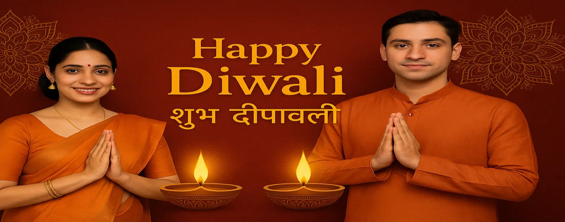 Happy Diwali poster with Indian couple greeting in traditional attire holding diyas — festive gold typography with शुभ दीपावली message by ZHome — luxury blog banner for www.zhome.in