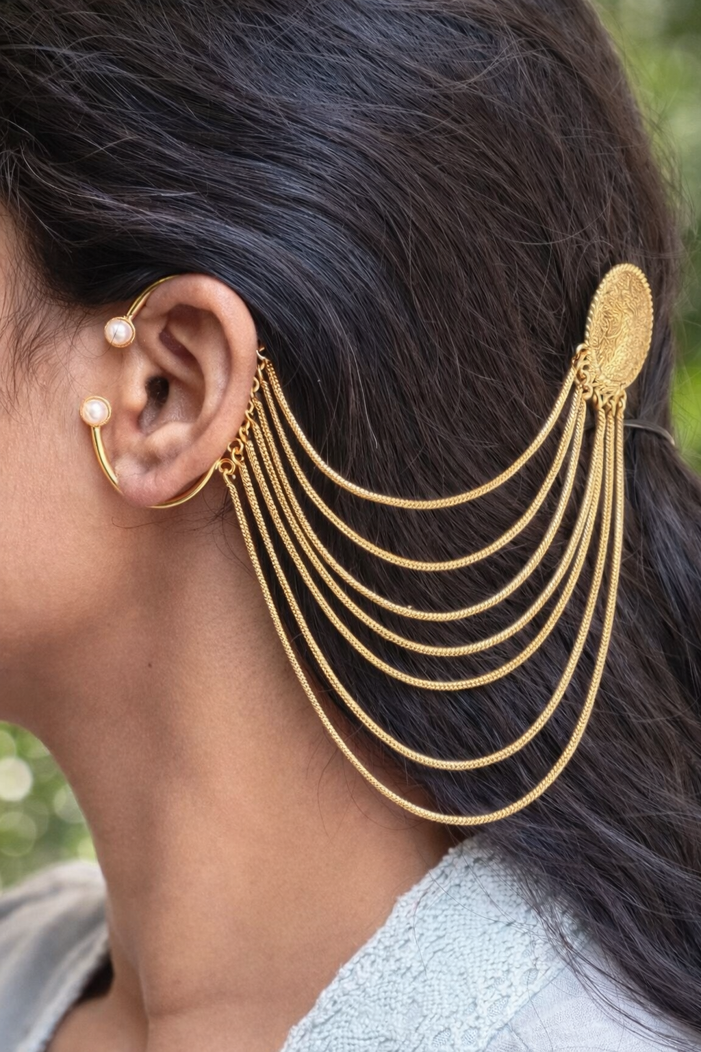 ZHome Gold Plated Chain Kashmiri Earcuff with Hair Chain | Attractive Traditional Jewelry for Women