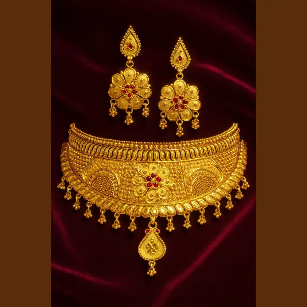 Product image of Gold Plated Bridal Choker Necklace Set with Earrings – Floral Design – image 1
