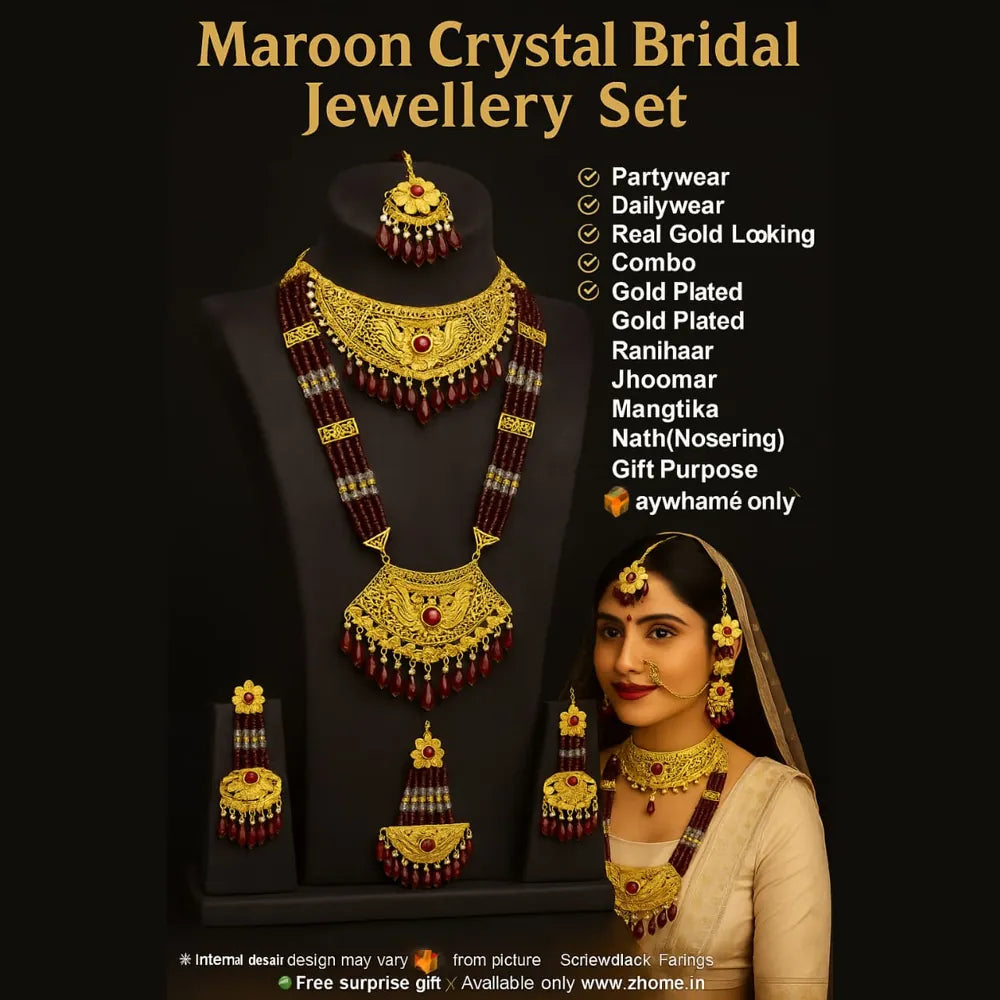 Product image of Maroon Crystal Bridal Gold Plated Jewellery Set – image 9