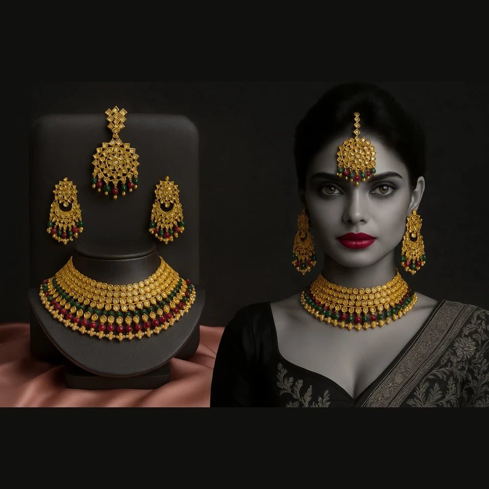 Product image of Floral Gold Plated Bridal Choker Set With Drop Pendant Teardrop Earrings Copy – image 10