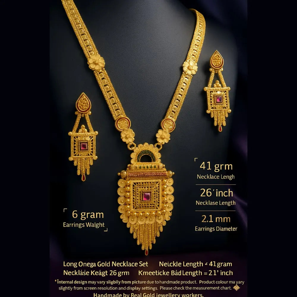 Handmade RealGold look Ranihaar necklace with long gold plated chain and square temple pendant on black mannequin, premium bridal jewellery.