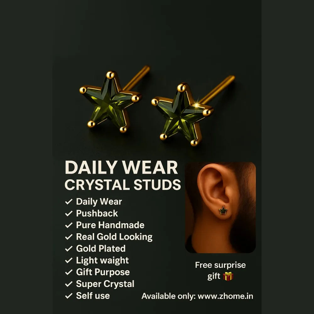 Women’s green star crystal stud earrings with real gold plating, handcrafted on a copper and brass base. These pushback earrings feature a glossy green gemstone in a star shape, offering a modern yet elegant look. Perfect for daily wear, parties, or gifting – from ZHome, Real, Good-Looking Jewellery.