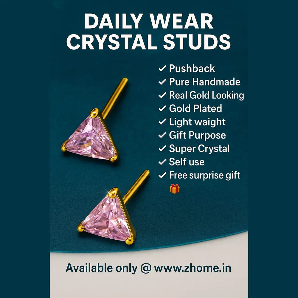 Unisex Pink Crystal Triangle Ear Studs β Gold Plated Daily Wear for Men & Women