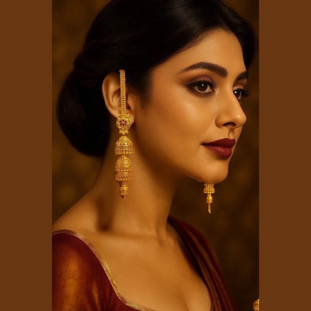 Royal Triple Layer Long Jhumka Earrings – Gold-Plated Bridal Statement Jewellery