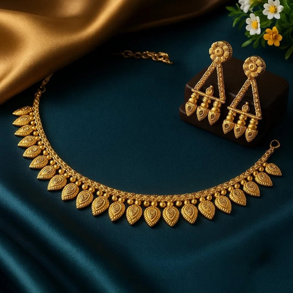 Traditional Leaf Motif Gold-Plated Necklace & Earring Set for Women | ZHome Jewellery