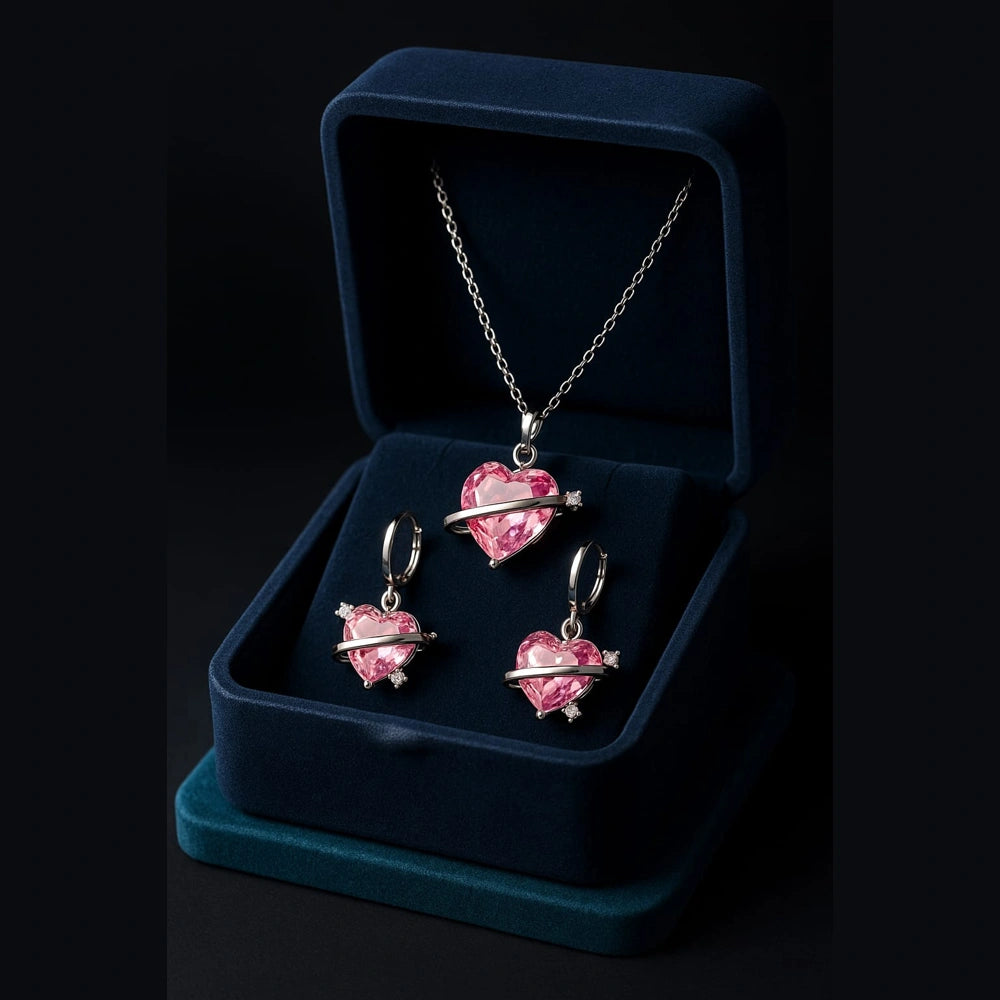 Pink Planet Heart Jewellery Set (Necklace + Earrings) – Premium Romantic Crystal Gift for Women