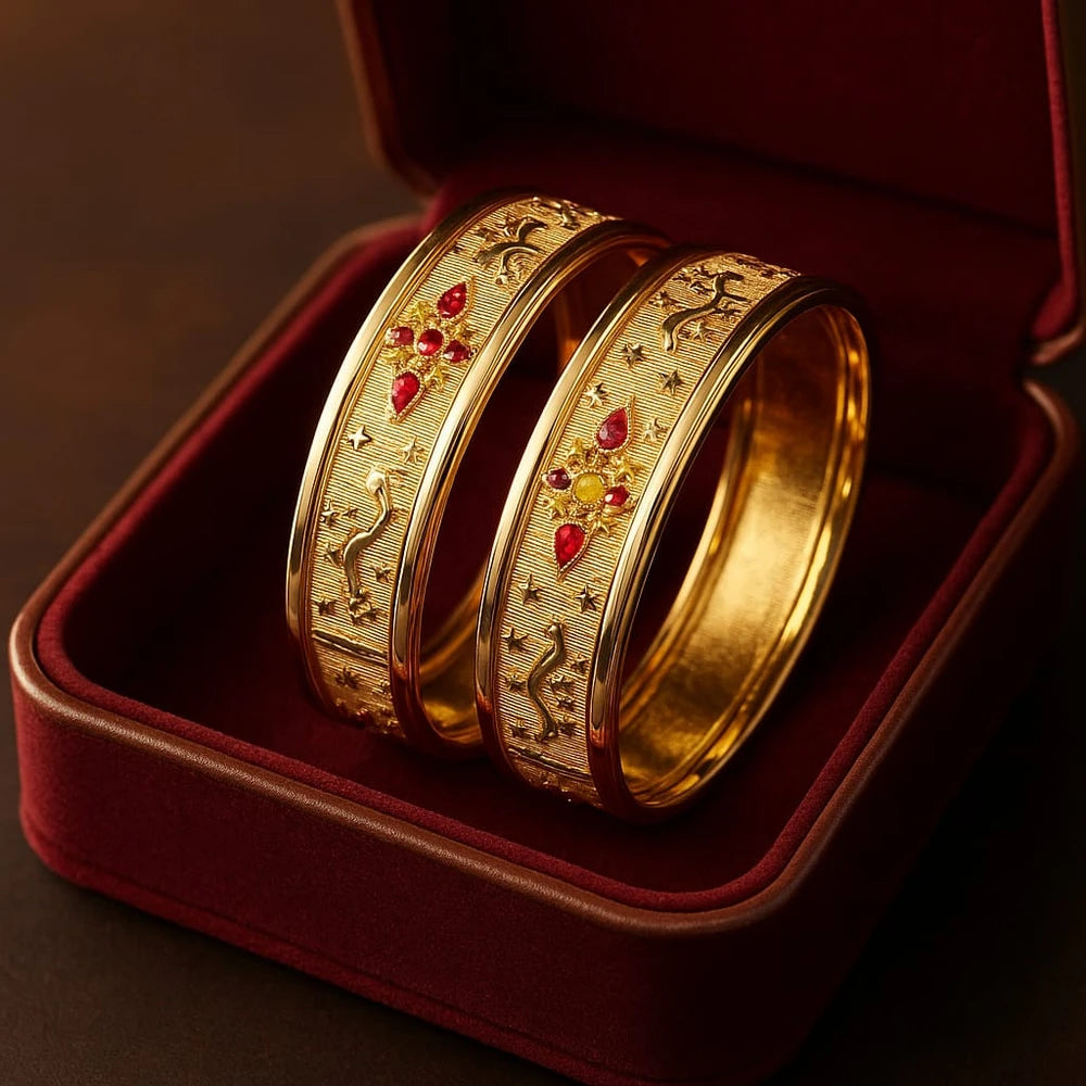 Bridal Onegram Gold Red Stone Engraved Kada/Chudi