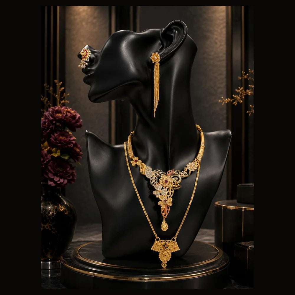 Premium Gram Gold Plated Floral Bridal Jewellery Set with Long Necklace, Choker, Earrings, Long Tassel Earrings, Adjustable Ring & Designer Nose Pin for Women | Wedding & Party Wear | ZHome