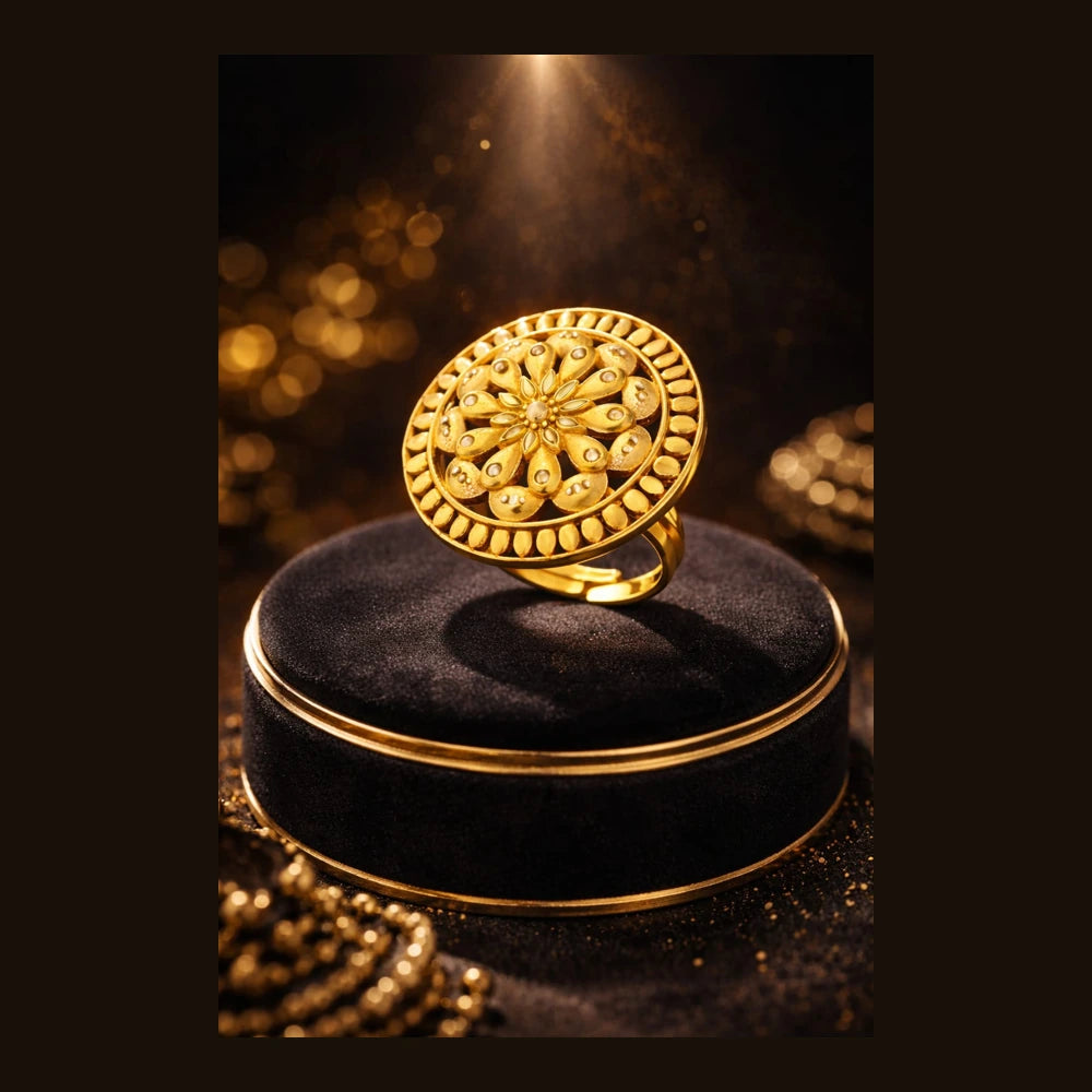 Round Filigree Gold-Look Adjustable Statement Ring | Onegram Gold Plated | Handmade