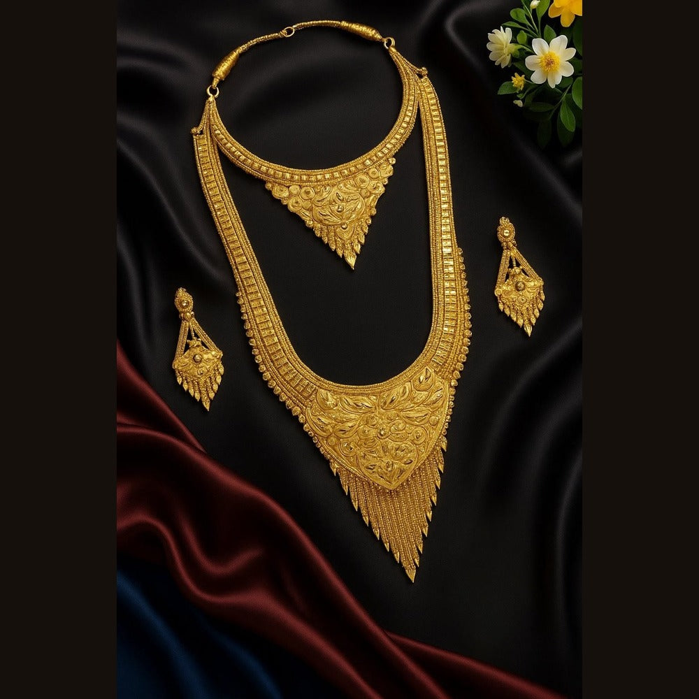 Exclusive Onegram Gold Heavy Ranihaar Double Necklace Set with Earrings  Bridal Long Temple-Style Design Handmade Copper-Based