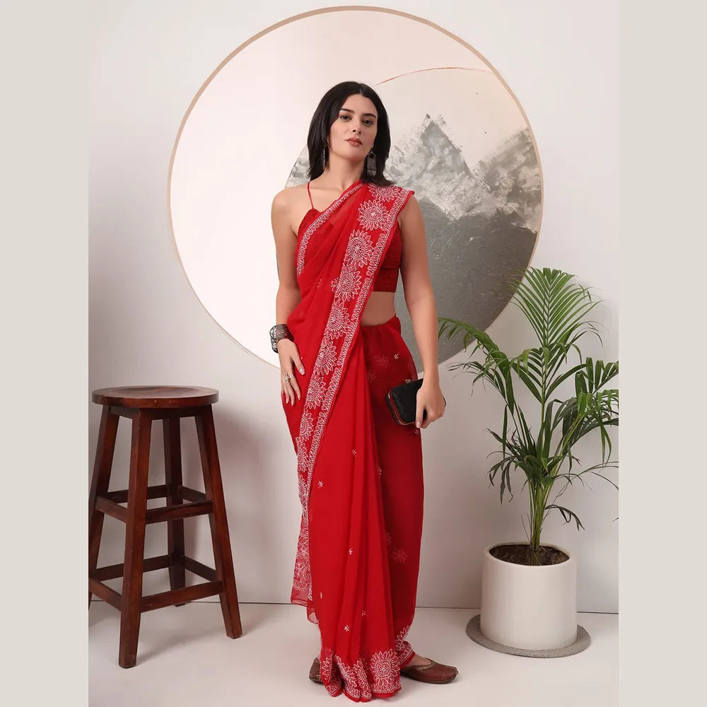 ZHome Lucknowi Hand Made Chikankari Georgette Saree – Bhakhiya Hand Embroidery