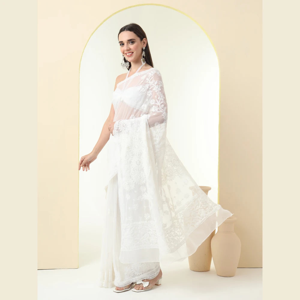 ZHome White Lucknowi Chikankari Hand Made Georgette Saree