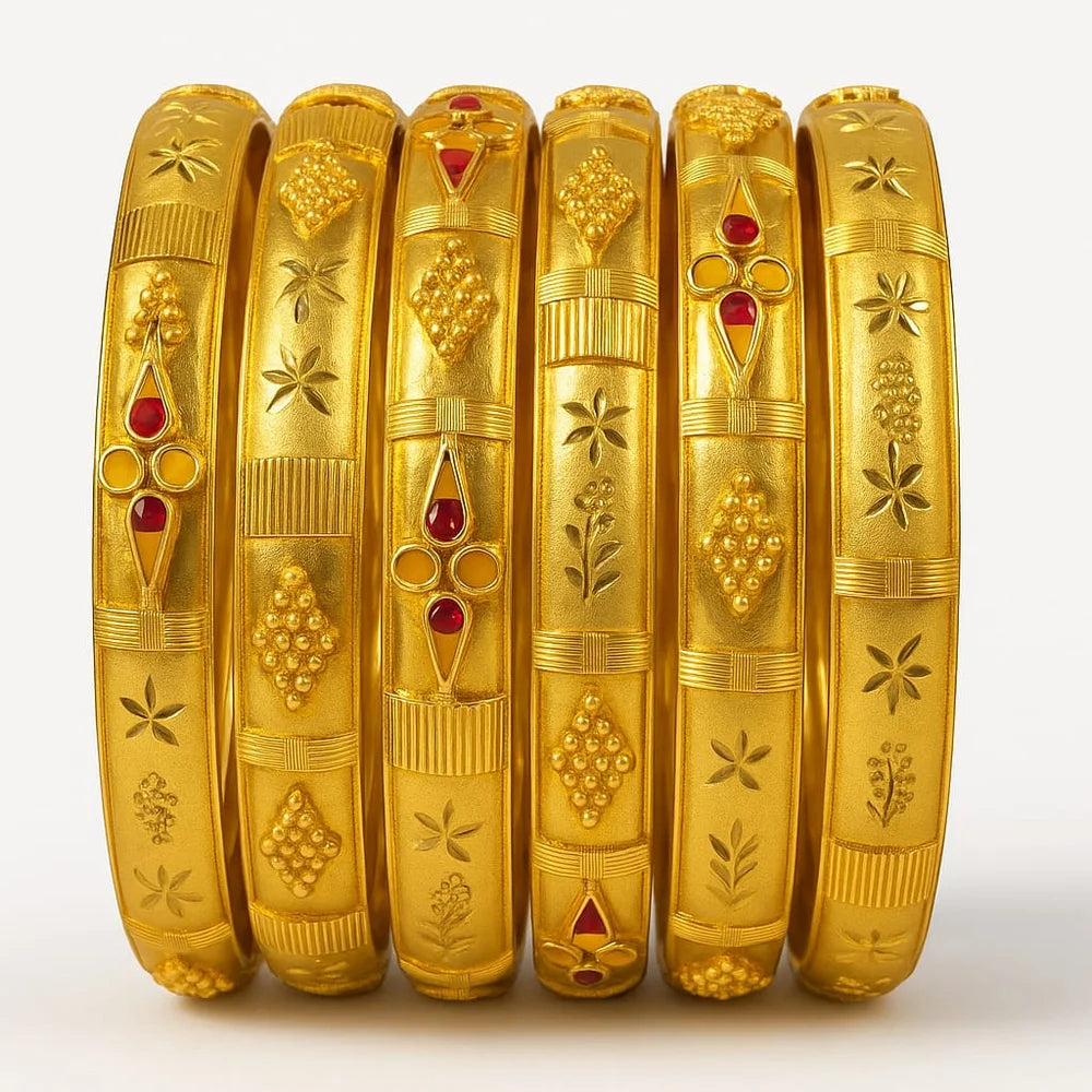 Bridal Onegram Gold Red Stone Engraved Kada/Chudi Set (Premium Handmade)