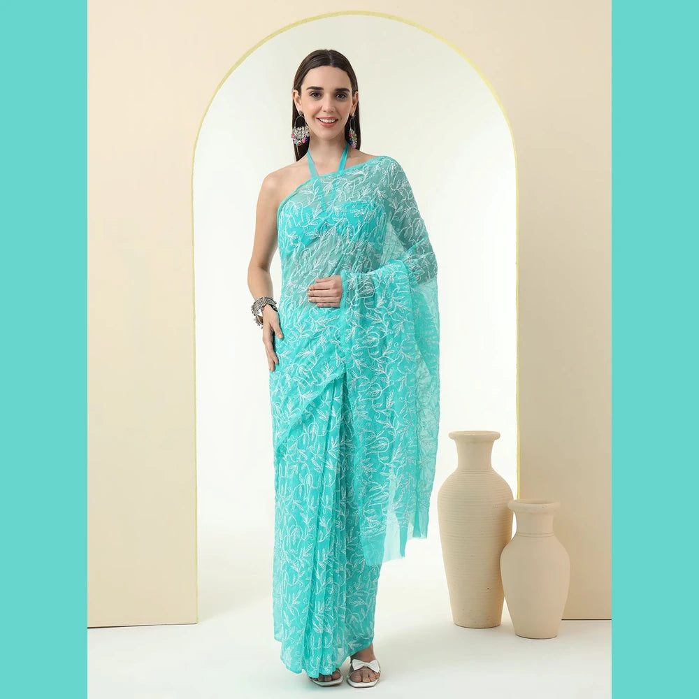 ZHome Aqua Turquoise Lucknowi Chikankari Saree – Pure Handmade Gergotte