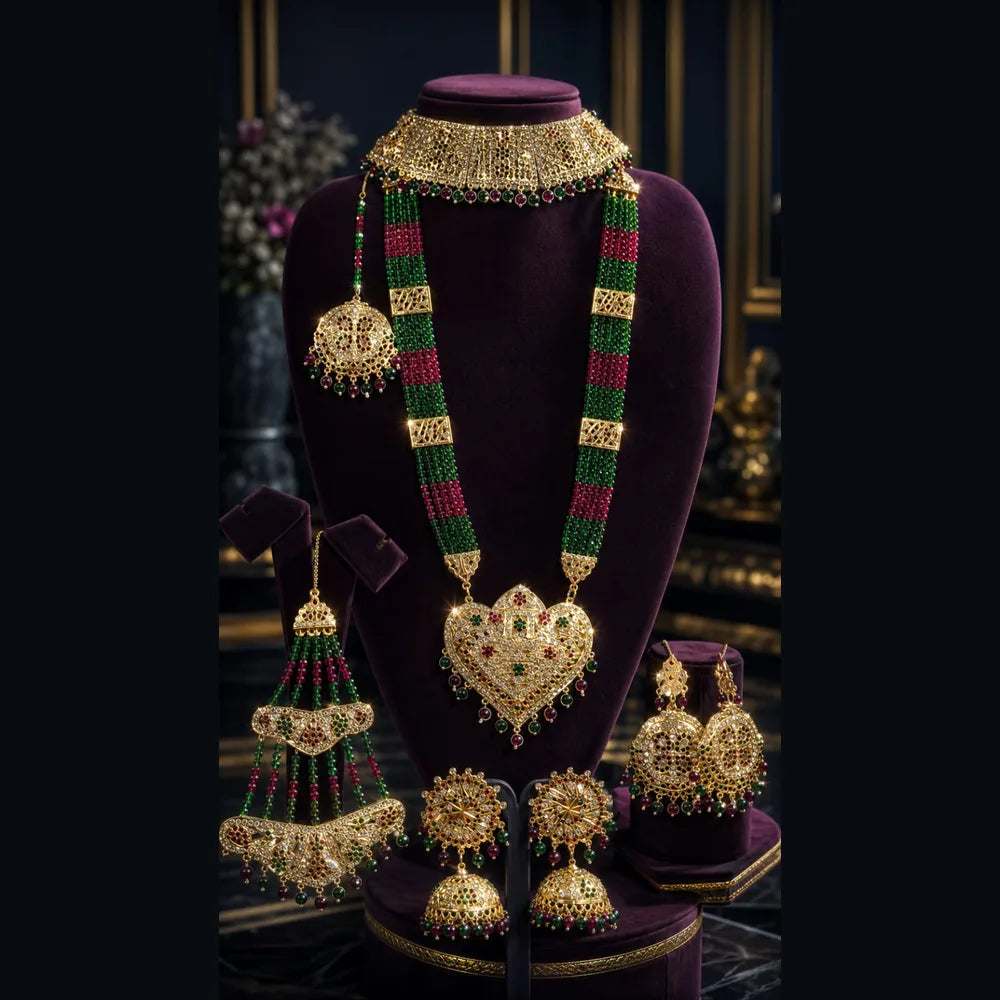 Bridal Green Beads & Gold Plated AD Choker Long Necklace Set with Earrings & Maang Tikka