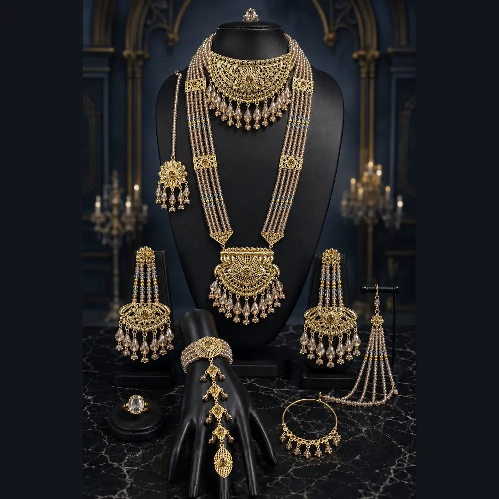 ZHome Royal Handmade Bridal Necklace Set with Choker, Long Haar & Matching Jewellery