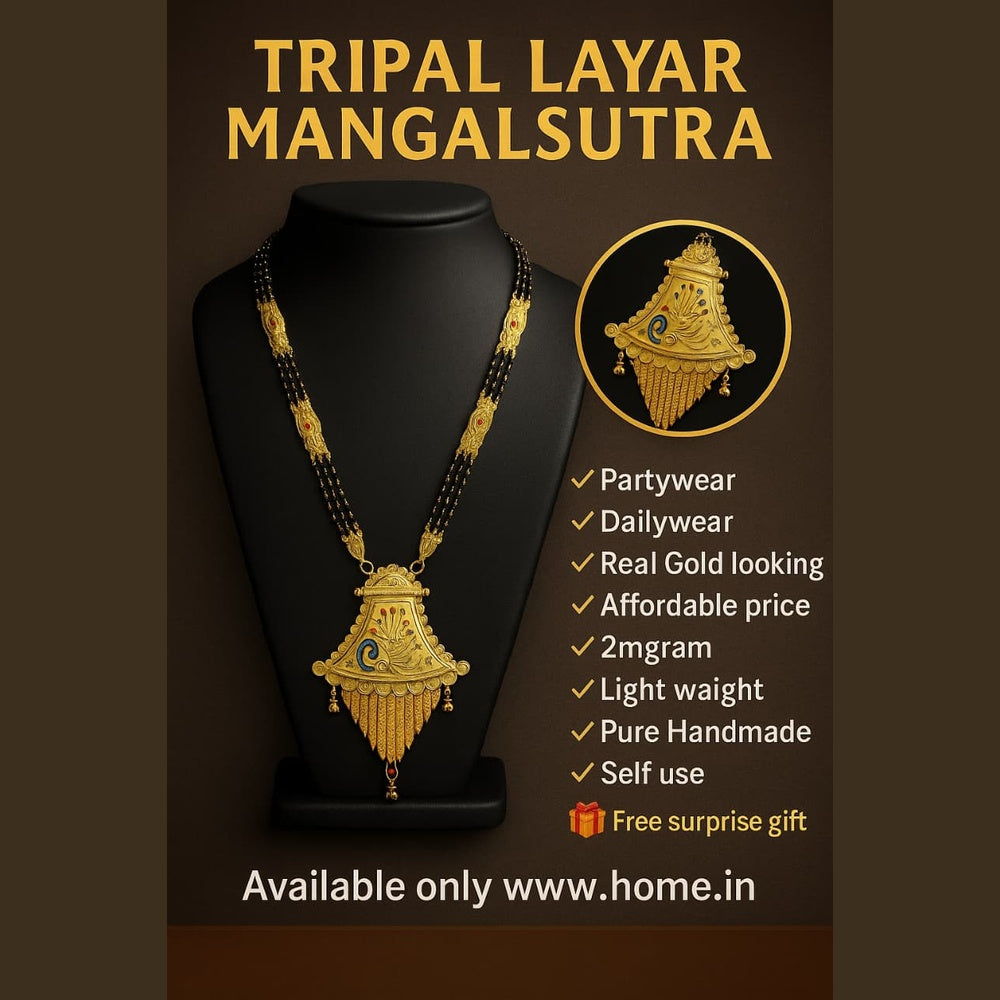 ZHOME Tripal Layar Mangalsutra flatlay on red satin – complete view with chain and pendant