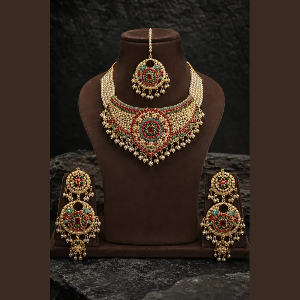 ZHome Royal Dulhan Gram Gold Jewellery Set | Bridal Necklace, Earrings & Maang Tikka Set