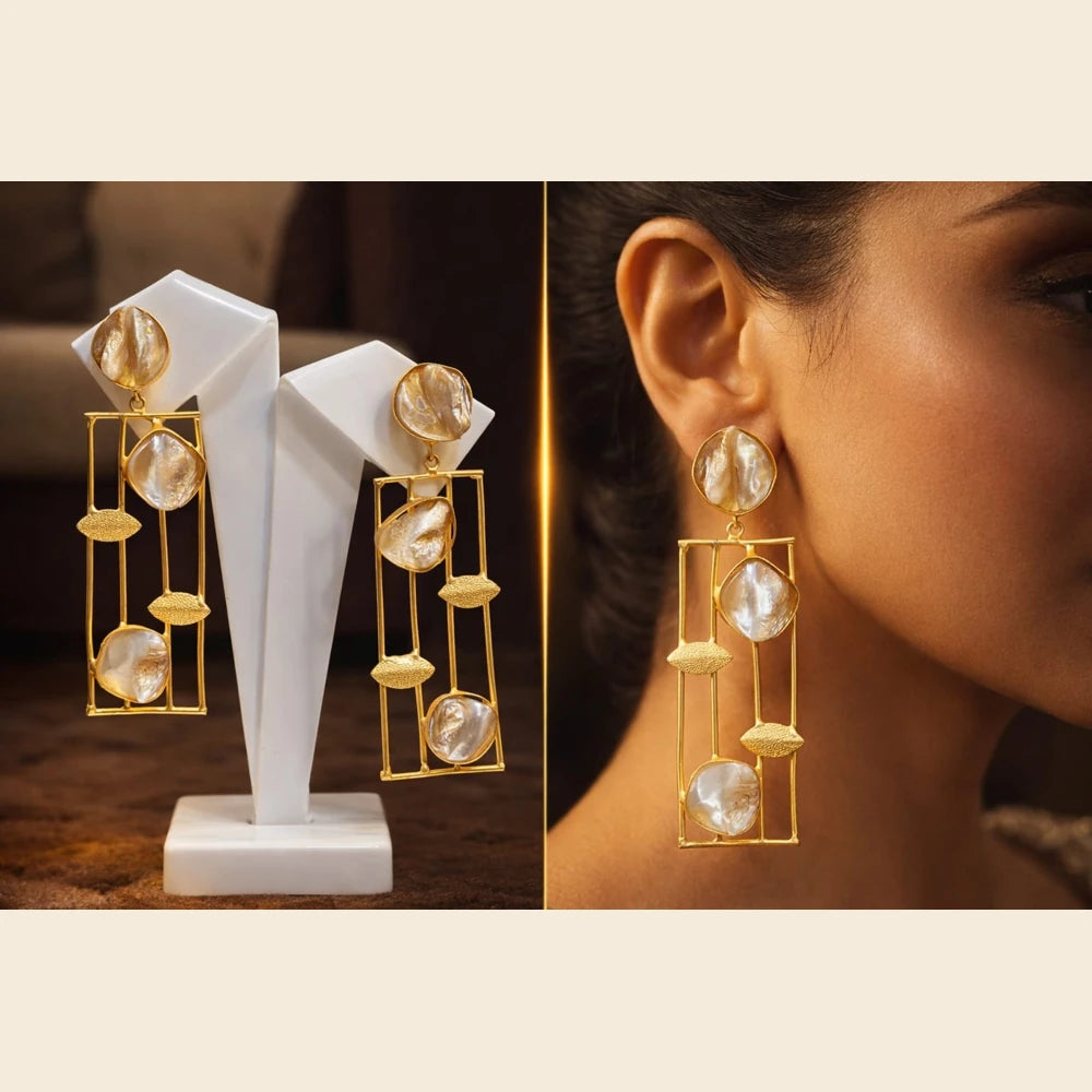 Premium brass one gram gold finish pearl statement earrings for women gold look designer imitation jewellery for wedding, party wear, festive and traditional collection by ZHome India