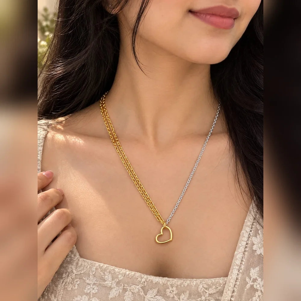 Dual Tone Heart Pendant Chain for Women – Gold & Silver Finish