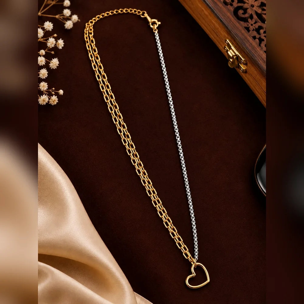 Dual Tone Heart Pendant Chain for Women – Gold & Silver Finish