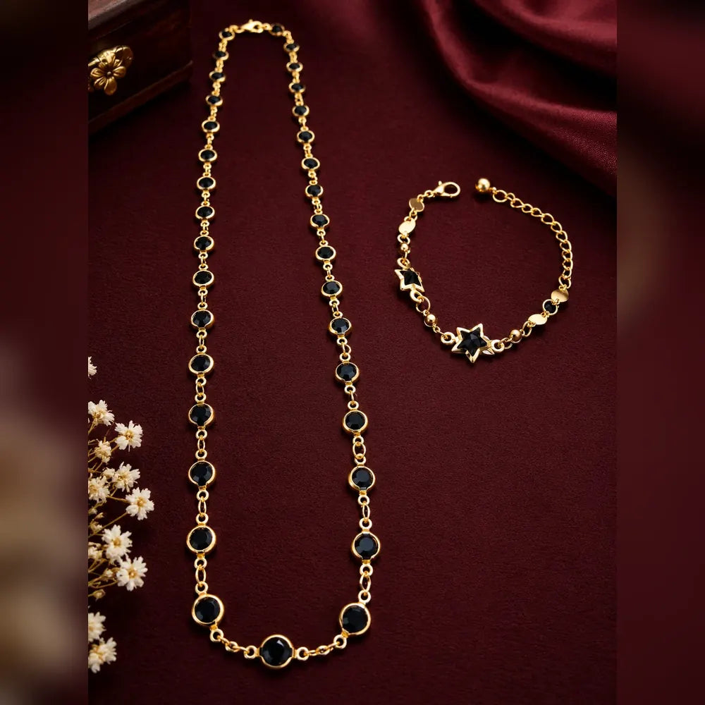 Black Stone Gold-Plated Chain & Bracelet Combo for Women