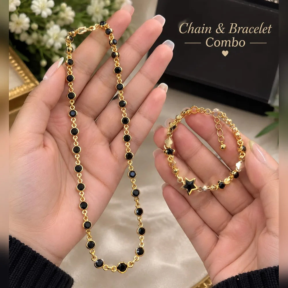 Black Stone Gold-Plated Chain & Bracelet Combo for Women