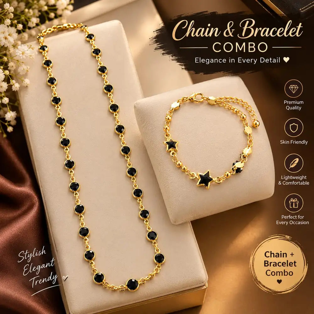 Black Stone Gold-Plated Chain & Bracelet Combo for Women