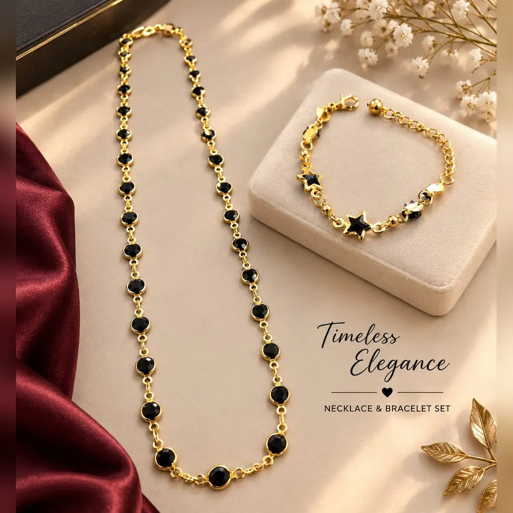 Black Stone Gold-Plated Chain & Bracelet Combo for Women