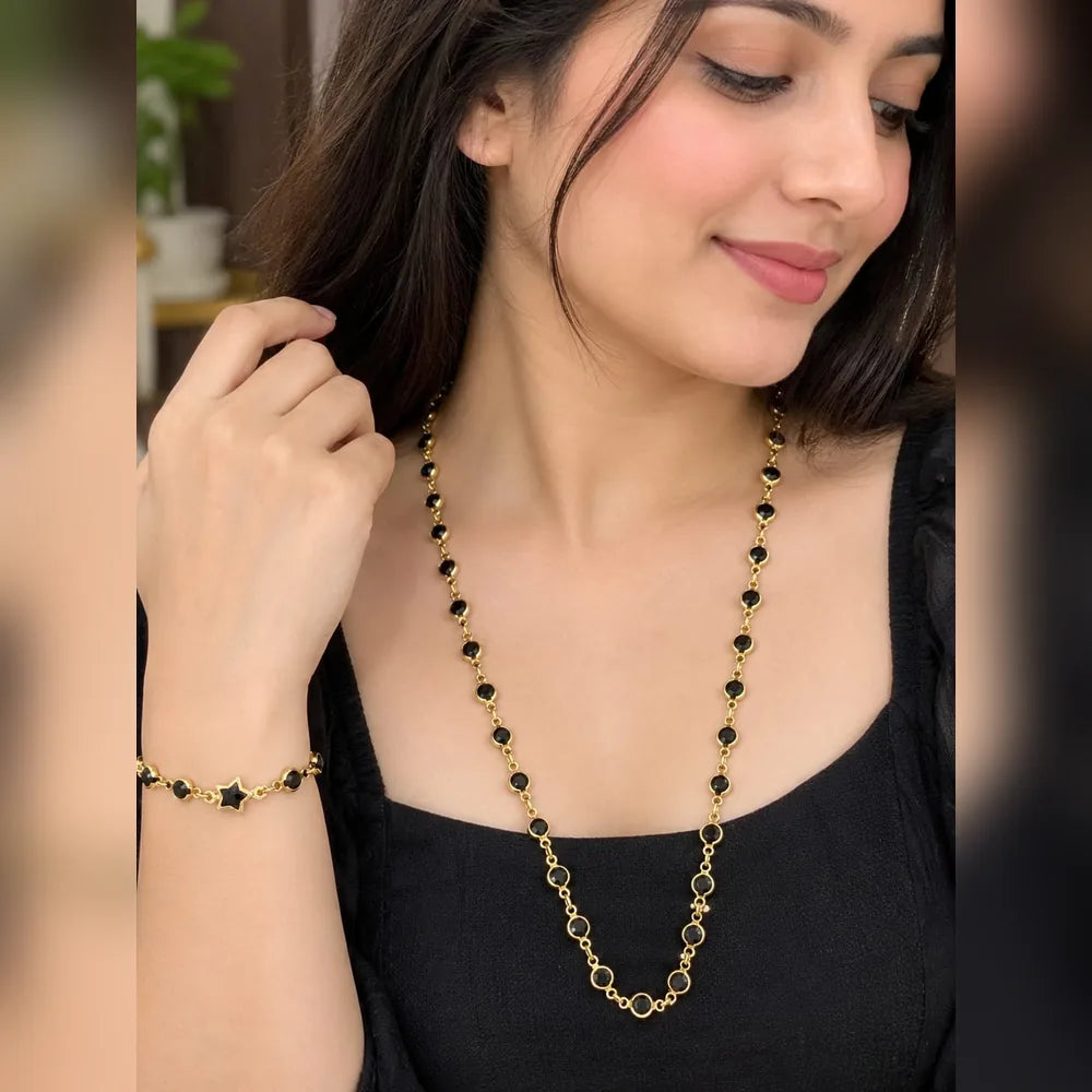 Black Stone Gold-Plated Chain & Bracelet Combo for Women