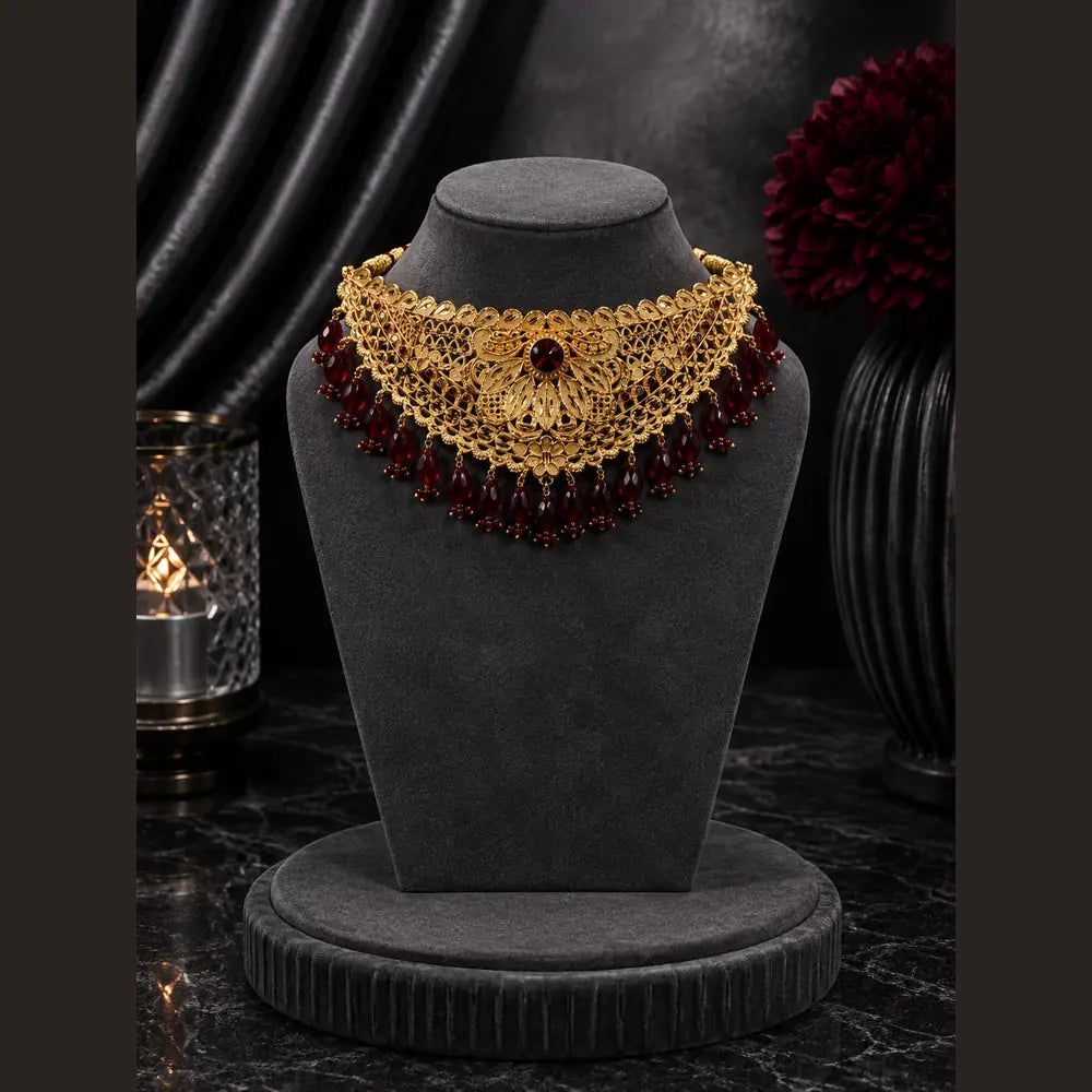 Royal Red Beaded Bridal Jewellery Set with Gold-Tone Necklace, Choker, Earrings, Nath & Hand Jewellery