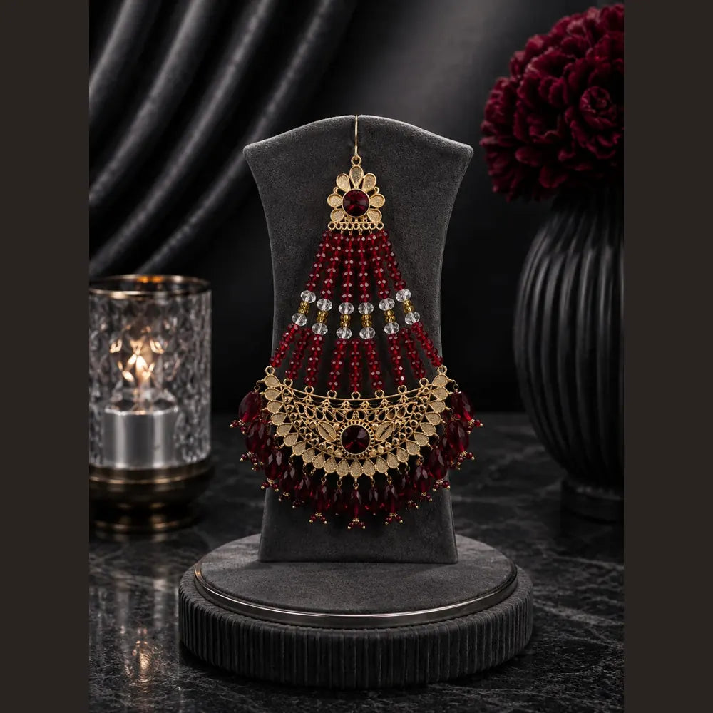 Royal Red Beaded Bridal Jewellery Set with Gold-Tone Necklace, Choker, Earrings, Nath & Hand Jewellery