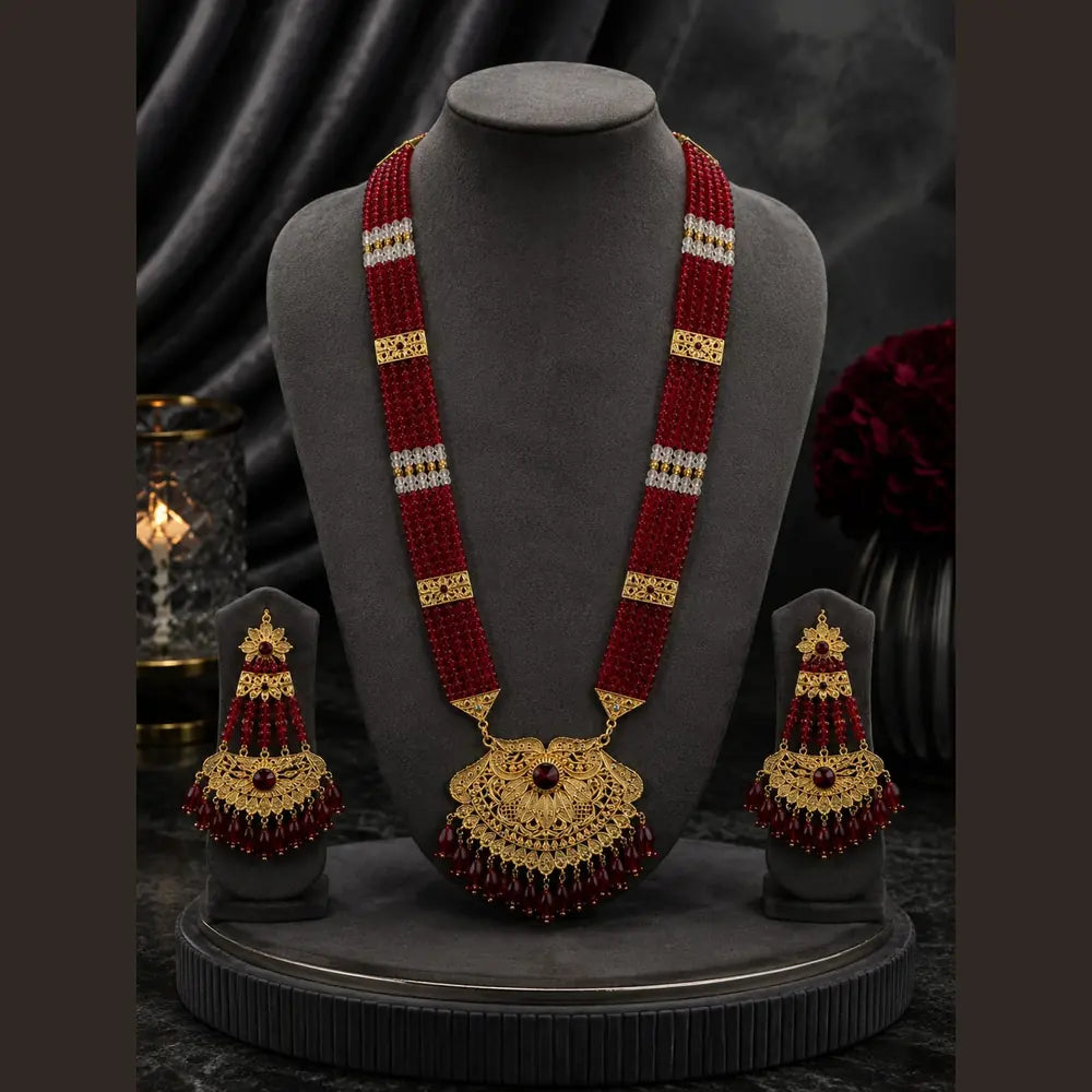 Royal Red Beaded Bridal Jewellery Set with Gold-Tone Necklace, Choker, Earrings, Nath & Hand Jewellery