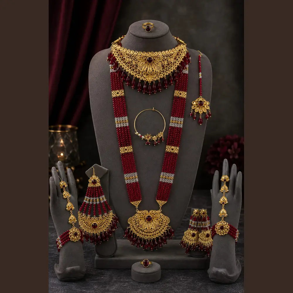 Royal Red Beaded Bridal Jewellery Set with Gold-Tone Necklace, Choker, Earrings, Nath & Hand Jewellery