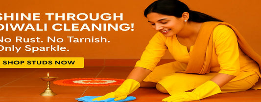 Happy Diwali poster with Indian couple greeting in traditional attire holding diyas — festive gold typography with शुभ दीपावली message by ZHome — luxury blog banner for www.zhome.in