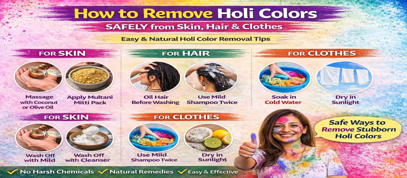 How to Remove Holi Colors After Holi? (Safe Ways for Skin, Hair &amp; Clothes)
