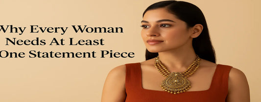 A confident Indian woman wearing a gold statement necklace from ZHome, symbolizing power, elegance, and individuality against a soft beige background — the perfect example of timeless Indian jewellery style.