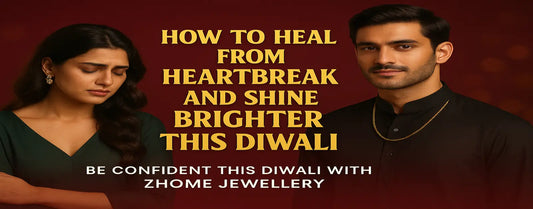 Happy Diwali poster with Indian couple greeting in traditional attire holding diyas — festive gold typography with शुभ दीपावली message by ZHome — luxury blog banner for www.zhome.in