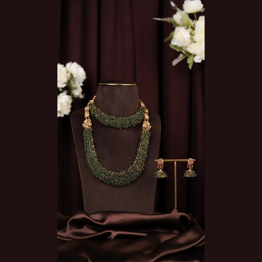 Green Beaded Layered Necklace Set | Antique Gold Finish