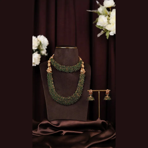Green Beaded Layered Necklace Set | Antique Gold Finish