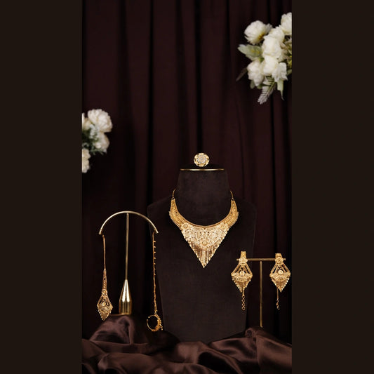 Product image of Bridal One Gram Gold Plated Jewelry Set – Necklace, Earrings, Ring & Maang Tikka – image 1