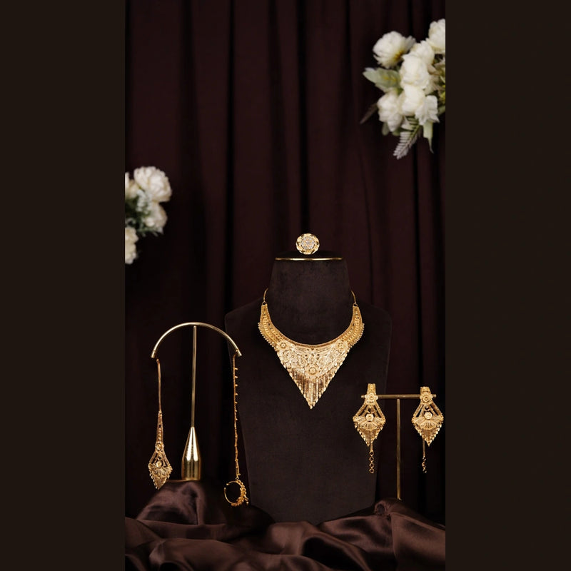 Bridal Gold Jewelry Set – Necklace, Earrings, Ring & Maang Tikka
