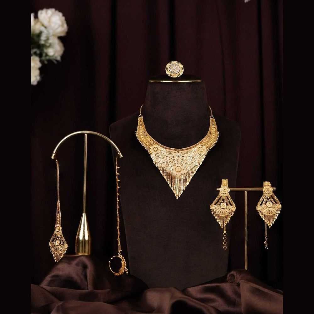 Bridal Gold Jewelry Set – Necklace, Earrings, Ring & Maang Tikka