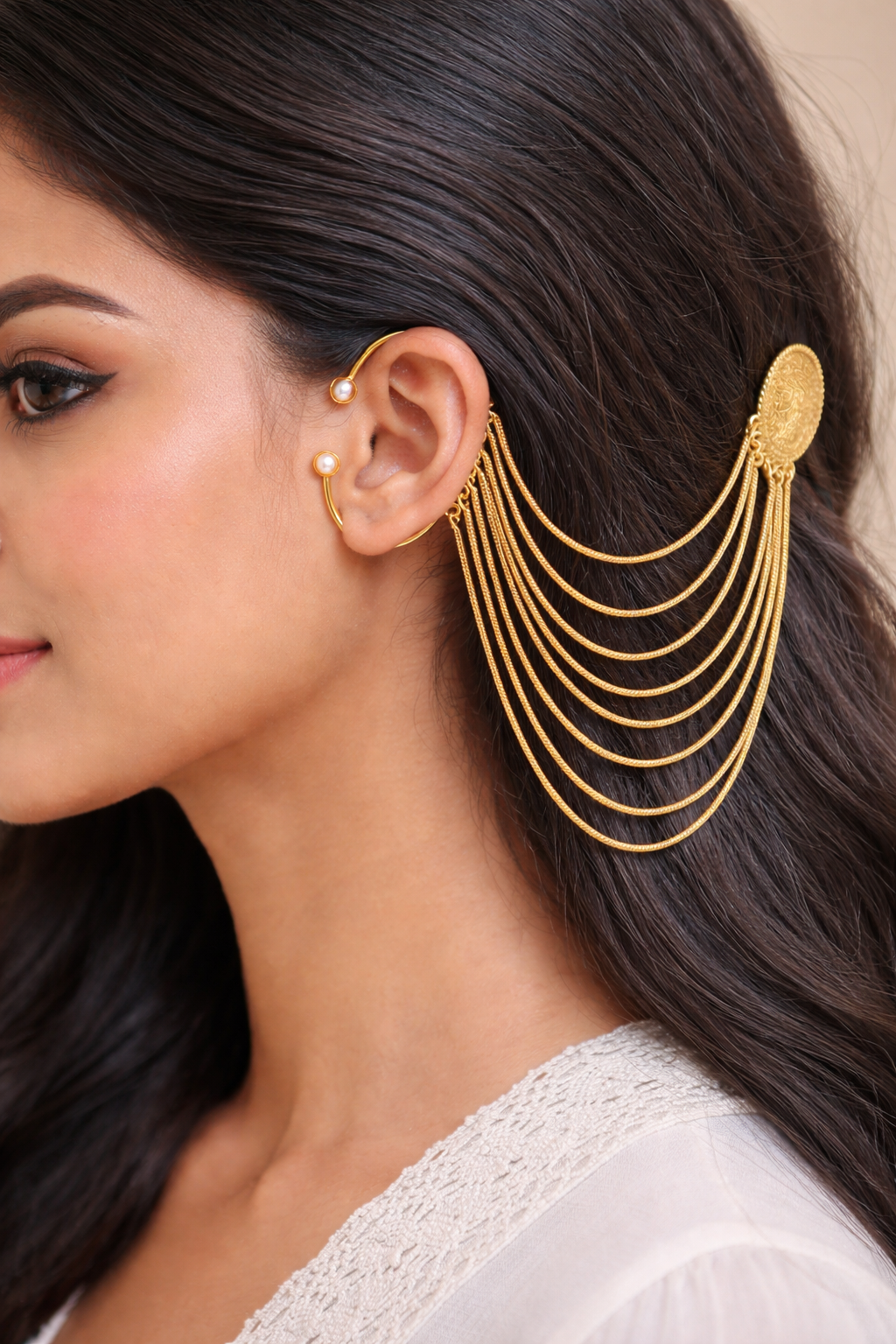 ZHome Gold Plated Chain Kashmiri Earcuff with Hair Chain | Attractive Traditional Jewelry for Women