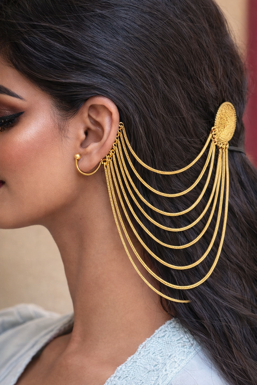 ZHome Gold Plated Chain Kashmiri Earcuff with Hair Chain | Attractive Traditional Jewelry for Women