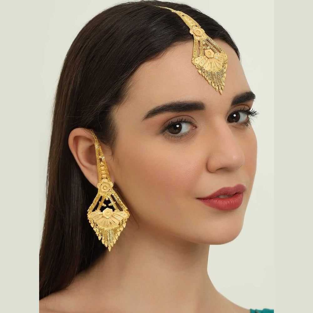 Elegant 22K Gold-Plated Earrings with Matching Maang Tikka – Real Gold Look