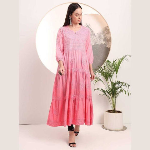 Elegant Handmade Lucknowi Gown Kurti – Timeless Chikankari Craftsmanship