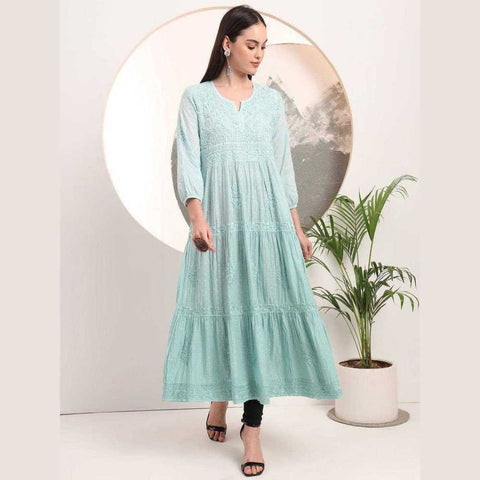Elegant Handmade Lucknowi Gown Kurti – Timeless Chikankari Craftsmanship