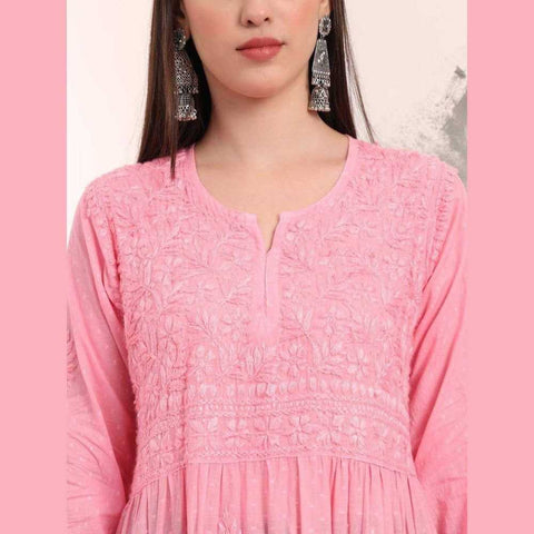 Elegant Handmade Lucknowi Gown Kurti – Timeless Chikankari Craftsmanship